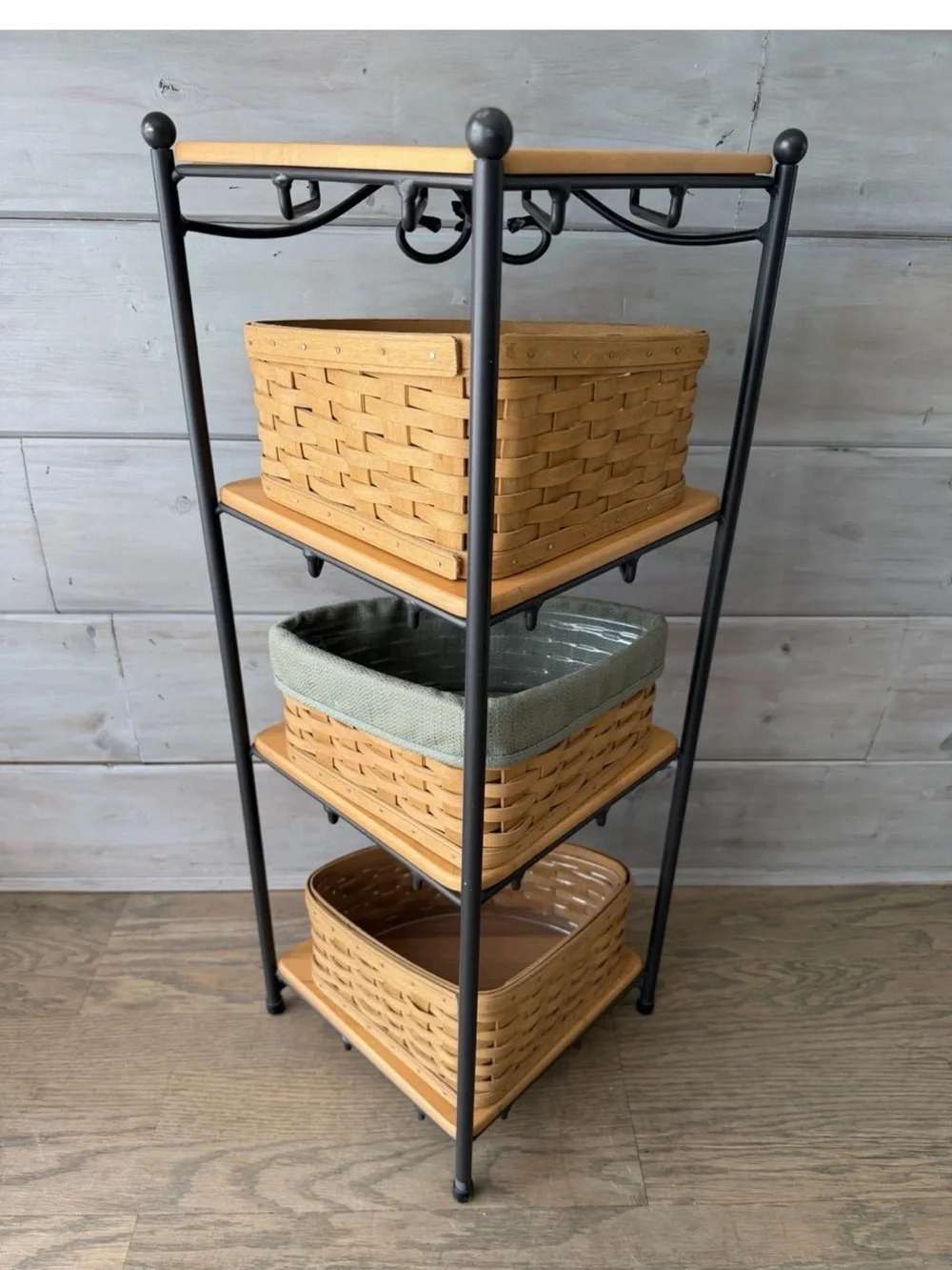 Longaberger Wrought Iron Large Corner Rack Stand & 4 woodcrafts shelves & Basket
